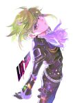  1boy 302 ascot black_gloves black_jacket blonde_hair character_name earrings from_above gloves green_hair half_gloves highres jacket jewelry lio_fotia male_focus promare purple_eyes solo 