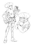  302 androgynous character_profile crossed_arms fire firefighter full_body galo_thymos gloves greyscale gun half_gloves high_collar highres jacket lineart monochrome promare role_reversal sidecut sidelocks turtleneck weapon 