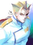  1boy 302 blonde_hair cape frown hair_strand highres kray_foresight male_focus military military_uniform pectorals promare red_eyes solo tight uniform upper_body 