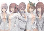  2022 5girls absurdres araishi_maro bangs black_legwear blue_eyes blush breasts cleavage closed_mouth collarbone dress_shirt eyebrows_visible_through_hair feet_out_of_frame go-toubun_no_hanayome hair_between_eyes hair_ribbon hairband hand_on_hip hand_on_thigh hat_ornament headphones headphones_around_neck highres long_hair looking_at_viewer medium_breasts multiple_girls nakano_ichika nakano_itsuki nakano_miku nakano_nino nakano_yotsuba navel no_bra open_clothes open_mouth open_shirt orange_hair pantyhose parted_lips pink_hair red_hair ribbon shirt short_hair sitting smile standing star_(symbol) star_hat_ornament twintails unhappy white_background white_shirt 