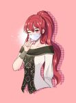  1girl anna_(fire_emblem) bangs blush collarbone commentary english_commentary finger_to_cheek fire_emblem fire_emblem:_three_houses hair_between_eyes hand_up highres index_finger_raised lishiori long_hair looking_at_viewer mask mouth_mask one_eye_closed pink_background ponytail red_eyes red_hair shirt simple_background solo surgical_mask upper_body very_long_hair 