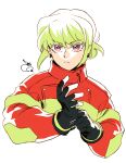  1boy 302 adjusting_clothes adjusting_gloves alternate_hairstyle anime_coloring firefighter gloves green_hair hair_up highres jacket lio_fotia male_focus promare purple_eyes short_ponytail solo 