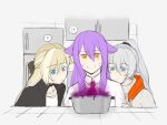  3girls ? ?? bad_food bianka_durandal_ataegina blonde_hair blue_eyes clenched_teeth collarbone commentary english_commentary eyebrows_visible_through_hair grey_hair high_ponytail honkai_(series) honkai_impact_3rd hood hoodie kiana_kaslana kitchen multiple_girls purple_hair refrigerator ribbed_sweater scriptkitty_twi sirin sweat sweater sweating_profusely teeth upper_body yellow_eyes 