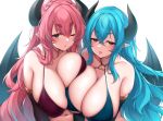  2girls bangs bare_shoulders blue_eyes blush breasts cleavage collarbone crossed_bangs demon_girl demon_horns demon_wings eyebrows_visible_through_hair highres horns large_breasts long_hair looking_at_viewer multiple_girls navel one_eye_closed open_mouth original pink_eyes pink_hair pointy_ears sideboob simple_background smile suruga_(xsurugax) thick_eyebrows white_background wings 