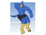  2022 anthro avian bird blue_eyes boxers_(clothing) claws clothing donttouchmylasagna falco_lombardi falcon falconid hands_behind_head hi_res looking_away male muscular muscular_male nintendo nipples smile solo star_fox talons underwear video_games 