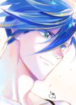  1boy 302 blue_eyes blue_hair blurry depth_of_field eye_reflection galo_thymos highres lio_fotia male_focus portrait promare reflection sidecut signature smile solo spiked_hair 