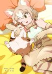  1girl animal_ears animal_print bare_shoulders bow bowtie cat cat_(kemono_friends) cat_day cat_ears cat_girl cat_print cat_tail collar elbow_gloves gloves hair_between_eyes high-waist_skirt iy17uumxac1lrxd kemono_friends light_brown_hair multicolored_hair on_bed one_eye_closed print_bow print_bowtie print_gloves print_legwear print_skirt red_collar shirt short_hair skirt sleeveless tail thighhighs white_hair white_shirt yellow_eyes 