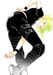  1boy 302 ass bent_over blonde_hair from_behind from_below green_hair highres leather leather_pants lio_fotia male_focus pants promare purple_eyes shirt solo t-shirt 