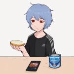  :t adidas ayanami_rei black_shirt blue_hair bread bread_slice can canned_food cellphone collarbone commentary condensed_milk cyrillic eating empty_eyes english_commentary food half-closed_eyes highres holding holding_food looking_down messy neon_genesis_evangelion nvi2762 phone reading red_eyes russian_text sad shirt short_hair short_sleeves simple_background smartphone table white_background 