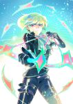  1boy 302 androgynous arrow_(projectile) ascot black_gloves black_jacket bow_(weapon) diffraction_spikes drawing_bow earrings fire floating_hair gloves green_fire green_hair half_gloves highres holding holding_bow_(weapon) holding_weapon jacket jewelry lio_fotia male_focus promare purple_eyes purple_fire pyrokinesis solo weapon 