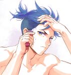  1boy 302 blue_eyes blue_hair electric_razor galo_thymos hair_up highres holding_hands male_focus promare shaving short_ponytail sidecut solo topless_male undercut 