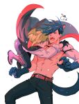  302 animal_ears animal_hands ascot blue_hair cape detached_sleeves fangs galo_thymos gloves green_hair halloween head_wings highres lio_fotia male_focus paw_gloves promare purple_eyes single_detached_sleeve tail topless_male vampire werewolf_costume wolf_ears wolf_tail 