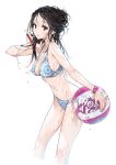  1girl ball beachball bikini black_hair blue_bikini blush braid breasts brown_eyes cleavage collarbone commentary_request dripping green_nails highres holding holding_ball holding_hair kanojo_okarishimasu knees long_hair looking_at_viewer medium_breasts messy_hair miyajima_reiji mizuhara_chizuru nail nail_polish navel neck patterned patterned_clothing sideboob swimsuit wet wristband 