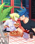  2boys 302 ascot blue_eyes blue_hair eating food food_on_face galo_thymos green_hair highres lio_fotia male_focus mouse multiple_boys pizza pizza_slice promare purple_eyes sidecut spiked_hair vinny_(promare) 