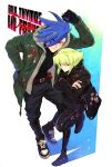  2boys 302 black_gloves blue_eyes blue_hair crossed_arms earrings eyes_visible_through_hair fur-trimmed_jacket fur_trim galo_thymos gloves green_hair green_jacket highres itabag jacket jewelry leather leather_pants lio_fotia male_focus multiple_boys pants promare purple_eyes shoes sidelocks sneakers spiked_hair 