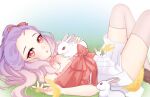  1girl absurdres animal_ears blush bow bunnie_darling bunny highres looking_at_viewer lying nyaowi on_back pale_skin purple_hair rabbit_ears rabbit_girl red_eyes short_shorts shorts thighhighs tokki_live virtual_youtuber 
