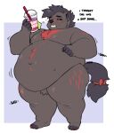  anthro beverage blush bodily_fluids canid canine dark_sclera english_text hi_res kyrosh male mammal obese obese_male overweight overweight_male solo standing sweat text weight_gain 
