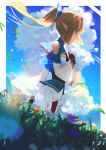  1girl 38_(sanjuuhachi) absurdres blonde_hair blue_bow blue_flower blue_shirt blue_sky blurry blurry_foreground bow brown_gloves closed_eyes clothing_cutout cloud commentary_request contrail dutch_angle flower gloves grass hair_bow hand_on_own_chest highres hololive leaves_in_wind long_hair outdoors parted_lips pointy_ears ponytail purple_flower shiranui_flare shirt shorts shoulder_cutout sky solo virtual_youtuber white_shirt white_shorts 