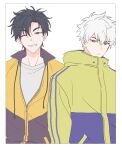  2boys black_hair blue_jacket border brown_eyes cheng_xiaoshi closed_mouth drawstring frown green_jacket grey_eyes grey_shirt grin highres jacket looking_at_viewer lu_guang male_focus mr_yheu multicolored_clothes multicolored_jacket multiple_boys one_eye_closed partially_unzipped shiguang_dailiren shirt short_hair simple_background smile upper_body white_background white_border white_hair yellow_jacket zipper zipper_pull_tab 