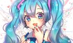  1girl :3 blue_eyes blue_hair blue_nails blush face fang hatsune_miku headset highres long_hair nail_polish open_mouth solo twintails vocaloid yumyum 