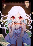  1girl bakemonogatari bare_shoulders dress eating eating_hair highres living_hair long_hair money money_rain monogatari_(series) myuga66666 red_eyes ribbon sengoku_nadeko signature slit_pupils snake_hair solo sundress white_dress white_hair 