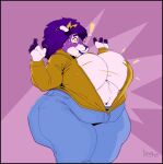  anthro big_breasts biped bottomwear breasts clothing countershade_torso countershading denim denim_clothing female fur greasymojo hi_res jeans mammal navel pants purple_body purple_fur solo thick_thighs topwear white_body white_fur wide_hips 
