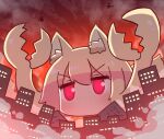  1girl animal animal_ear_fluff animal_ears animalization bangs blonde_hair blush city cloud crab destruction eyebrows_visible_through_hair fox_ears fox_tail giant giantess glowing glowing_eyes hair_between_eyes kemomimi-chan_(naga_u) naga_u original outdoors red_eyes red_sky revision sky smoke solo tail v-shaped_eyebrows 