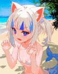  absurdres animal_ears beach blue_eyes blue_sky cat_ears fish_tail gawr_gura highres hololive hololive_english looking_at_viewer shark_tail sky solo su.chi.h swimsuit tail white_hair white_swimsuit 