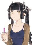  1girl :/ alternate_costume bangs black_camisole black_hair blunt_bangs breasts brown_jacket bubble_tea camisole cleavage closed_mouth commentary_request cup demon_girl demon_horns drinking_straw expressionless eyebrows_visible_through_hair hanarito holding holding_cup horns jacket kojo_anna long_hair long_sleeves looking_at_viewer medium_breasts multicolored_hair pointy_ears purple_hair simple_background solo sugar_lyric twintails two-tone_hair upper_body virtual_youtuber yellow_eyes 