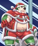  anthro belly bottomwear bulge canid canine canis christmas christmas_clothing clothing domestic_dog eyebrows fur gloves green_body green_fur hako7_light19 handwear hi_res holidays lifewonders live-a-hero male mammal mokdai navel overweight shorts solo thick_eyebrows video_games 