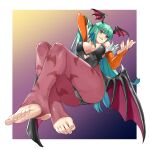  1girl animal_print arms_behind_back ass bare_shoulders barefoot bat_print bat_wings border breasts cleavage clothing_cutout demon_girl detached_sleeves eiji_(eiji) feather_trim feet foreshortening greek_toe green_eyes green_hair hand_in_hair head_wings heart_cutout highres large_breasts leggings leotard long_hair morrigan_aensland multicolored_background smile soles solo thighs toes vampire_(game) white_background white_border wings 