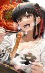  1girl bangs black_hair blush bowl breasts breath chopsticks cleavage eating fingernails food grin hawe_king highres holding holding_chopsticks holding_spoon large_breasts noodles open_mouth original ponytail ramen red_eyes red_nails shirt smile spoon steam sweat t-shirt teeth white_shirt 