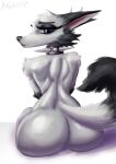  absurd_res anthro arctic_fox big_butt black_body blue_eyes butt canid canine chloe_(johnfoxart) female fox hi_res kalivero mammal simple_background solo spikes white_background white_body 