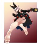  1girl ahoge alternate_color alternate_costume animal_ears ass bare_legs bare_shoulders barefoot black_flower black_gloves black_panties black_rose blue_eyes border breasts cleavage collar detached_sleeves dress eiji_(eiji) elphelt_valentine fake_animal_ears feet fingerless_gloves flower full_body gloves guilty_gear guilty_gear_xrd gun handgun highres holding holding_weapon huge_ahoge large_breasts looking_at_viewer multicolored_background panties rabbit_ears rose shaded_face solo spiked_collar spikes underwear weapon wedding_dress white_border 