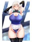  1girl absurdres apron armpits arms_up ass_visible_through_thighs bangs black_gloves black_legwear blue_eyes blue_swimsuit blush breasts cleavage commentary_request cowboy_shot elbow_gloves eyebrows_visible_through_hair gloves highleg highleg_swimsuit highres izayoi_sakuya large_breasts looking_at_viewer maid_headdress one-piece_swimsuit parted_lips sinkai solo swimsuit thighhighs touhou white_apron white_headwear 