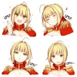  1girl absurdres ahoge blonde_hair blush breasts cleavage closed_eyes closed_mouth eyebrows_visible_through_hair facing_viewer fangs fate/grand_order fate_(series) flying_sweatdrops green_eyes hair_intakes highres large_breasts looking_at_viewer multiple_views nero_claudius_(fate) nero_claudius_(fate/extra) open_mouth parted_lips short_hair smile solo sweatdrop teeth thumbs_up umu_(phrase) upper_teeth yumyum 