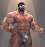  1boy abs absurdres artist_name bara beard bulge clenched_hand closed_mouth facial_hair fundoshi hand_on_hip headband highres japanese_clothes large_pectorals male_focus mature_male muscular muscular_male navel nipples pectorals red_headband rybiok ryu_(street_fighter) scar scar_on_arm scar_on_chest scar_on_leg solo street_fighter street_fighter_6 thick_eyebrows thick_thighs thighs veins veiny_arms 