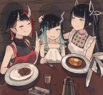  3girls anger_vein apron bangs belt beltbra black_hair black_nails black_shirt black_sports_bra blue_belt blue_hair blunt_bangs blush breasts chest_belt closed_eyes closed_mouth commentary_request cup curry curry_rice demon_girl demon_horns ear_piercing false_smile fang flat_chest food frilled_apron frills hanarito hand_on_another&#039;s_head heart heart_print holding holding_spoon horns index_finger_raised knife kojo_anna large_breasts long_hair looking_at_another medium_breasts multicolored_hair multiple_girls open_mouth piercing planted planted_knife plate pointy_ears print_shirt purple_hair red_apron red_eyes red_hair rice ryugasaki_rene see-through_shirt shirt shishio_chris short_hair sleeveless sleeveless_shirt smile spoon sports_bra sugar_lyric sweatdrop table teapot twintails two-tone_hair upper_body virtual_youtuber water white_apron yellow_eyes 