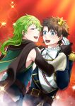  2boys :d aiguillette belt black_gloves black_hair blue_eyes bow bowtie closed_eyes crown dancing david_(fate) elbow_gloves epaulettes fate/grand_order fate_(series) fujimaru_ritsuka_(male) fujimaru_ritsuka_(male)_(halloween_royalty) gloves green_hair hairband hand_on_another&#039;s_waist holding_hands itsumo_nemui light_particles long_hair looking_at_another male_focus messy_hair mini_crown multiple_boys open_mouth orange_background smile sparkle upper_body white_bow white_bowtie white_gloves white_hairband yaoi 