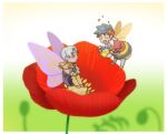  2boys :d astraea_f bee_wings black_hair blush_stickers butterfly_wings flower greek_clothes green_eyes hades_(game) heterochromia laurel_crown lowres male_focus miniboy multiple_boys poppy_(flower) red_eyes red_flower silver_hair sitting smile thanatos_(hades) wings yellow_eyes zagreus_(hades) 