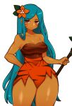  1girl bare_shoulders blue_hair breasts cleavage closed_mouth collarbone cookie_run dark-skinned_female dark_skin expressionless eyebrows_visible_through_hair facial_mark flower hair_flower hair_ornament highres large_breasts long_hair looking_at_viewer rayrie red_eyes solo thick_thighs thighs tiger_lily_cookie twitter_username very_long_hair 