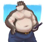  absurd_res anthro belly canid canine canis domestic_dog hi_res justshu katana lifewonders male mammal melee_weapon moritaka musclegut muscular_arms navel nipples pecs scar shirtless solo sword tokyo_afterschool_summoners video_games weapon 