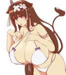  1girl animal_ears azur_lane bangs bare_shoulders bikini blush breasts brown_hair cleavage cow_ears cow_girl cow_horns cow_tail eyebrows_visible_through_hair flower hair_flower hair_ornament highres horns huge_breasts kashino_(azur_lane) kashino_(hot_springs_relaxation)_(azur_lane) leaning_forward long_hair nasakene open_mouth purple_eyes simple_background solo swimsuit tail white_background white_bikini white_flower 