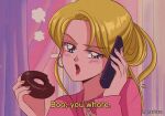  1990s_(style) 1girl artist_name blonde_hair blue_eyes earrings eyebrows_visible_through_hair hanavbara holding holding_phone hoop_earrings jewelry lips long_hair looking_at_viewer mean_girls mole mole_under_mouth open_mouth phone regina_george retro_artstyle solo upper_body 