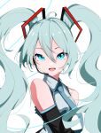  1girl absurdres aqua_eyes aqua_hair bare_shoulders breasts derinhi1123 detached_sleeves hair_ornament hatsune_miku highres long_hair looking_at_viewer necktie open_mouth sleeveless smile solo twintails very_long_hair vocaloid white_background 