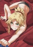  1girl bangs bare_shoulders black_panties blonde_hair blush braid breasts clenched_teeth eyebrows_visible_through_hair fate/apocrypha fate_(series) french_braid green_eyes hair_ornament hair_scrunchie highres long_hair looking_at_viewer mordred_(fate) mordred_(fate/apocrypha) panties parted_bangs ponytail red_scrunchie scrunchie sidelocks small_breasts teeth tonee underwear v-shaped_eyebrows 