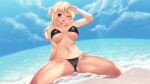  1girl beach bikini black_bikini blonde_hair blue_sky breasts brown_eyes cait_aron cloud dutch_angle fairy_tail highres large_breasts long_hair lucy_heartfilia navel ocean one_eye_closed partially_submerged sky solo swimsuit underboob 