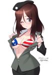  1girl american_flag_bikini artist_name bikini blush breasts brown_hair collarbone covered_nipples dated flag_print girls_und_panzer grey_eyes highres kuzuryuu_kennosuke large_breasts long_hair looking_at_viewer megumi_(girls_und_panzer) military military_uniform one_eye_closed open_mouth selection_university_military_uniform shiny shiny_hair shiny_skin simple_background solo swimsuit uniform white_background 