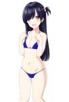  1girl :d absurdres bangs bare_arms bikini black_hair blue_bikini breasts cleavage clenched_hands collarbone commentary eyebrows_visible_through_hair hair_between_eyes hair_over_one_eye highres long_hair looking_at_viewer marui_koishi navel open_mouth original sidelocks simple_background small_breasts smile solo standing swimsuit white_background yellow_eyes 