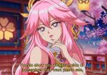  1990s_(style) 1girl artist_name cherry_blossoms eyebrows_visible_through_hair genshin_impact hanavbara lips looking_at_viewer parted_lips pink_hair pink_nails purple_eyes retro_artstyle smile solo subtitled upper_body yae_miko 